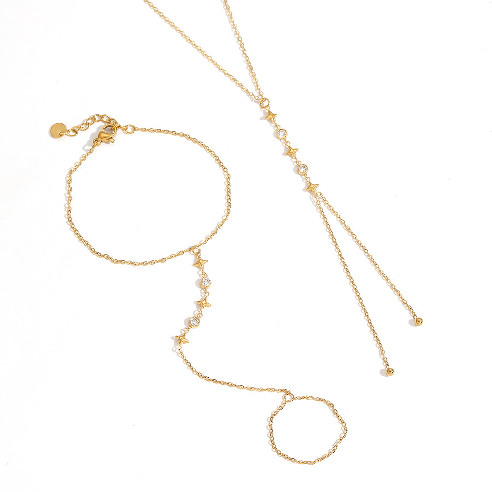 Geometric Jewelry Set For Women, 304 Stainless Steel With 18K Gold Plated Finish And Rhinestones On Cable Chain