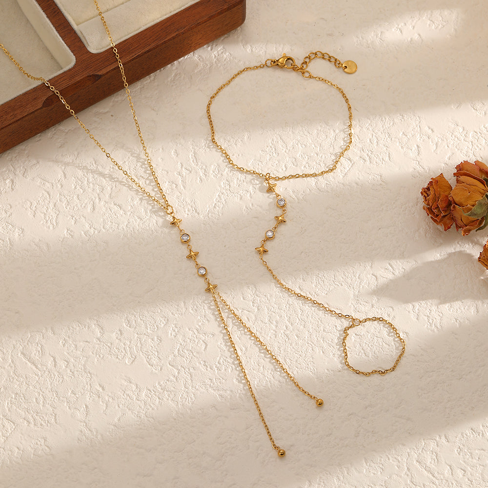 Geometric Jewelry Set For Women, 304 Stainless Steel With 18K Gold Plated Finish And Rhinestones On Cable Chain