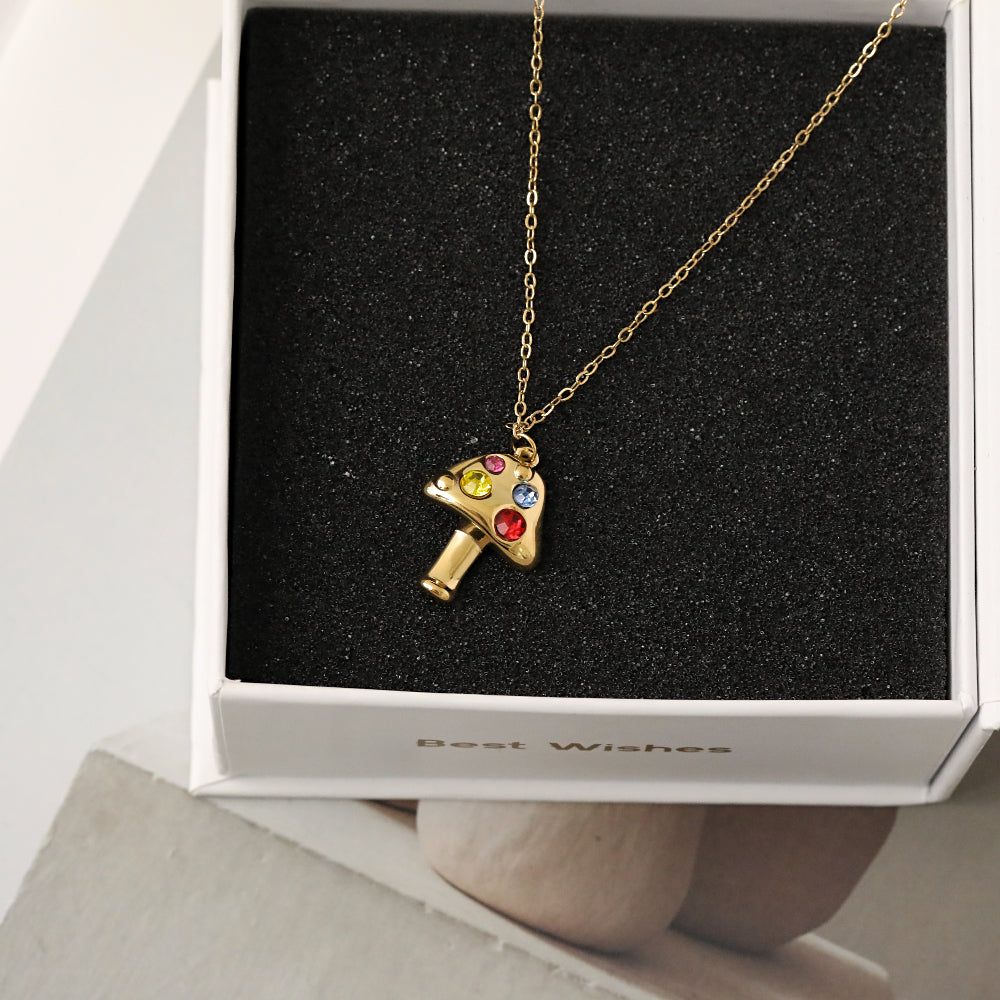 Sweet Mushroom Necklace For Women In 304 Stainless Steel With 18K Real Gold Plated And Zircon Inlay On Cable Chain