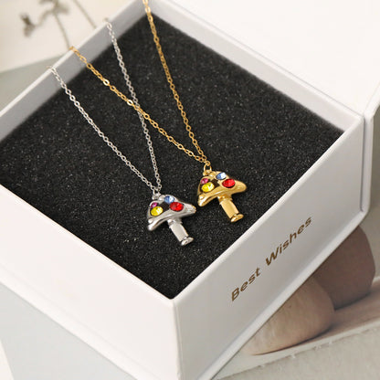 Sweet Mushroom Necklace For Women In 304 Stainless Steel With 18K Real Gold Plated And Zircon Inlay On Cable Chain