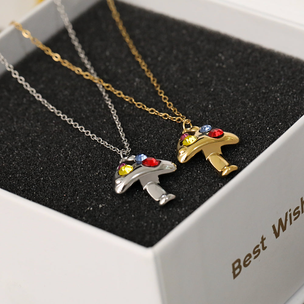 Sweet Mushroom Necklace For Women In 304 Stainless Steel With 18K Real Gold Plated And Zircon Inlay On Cable Chain