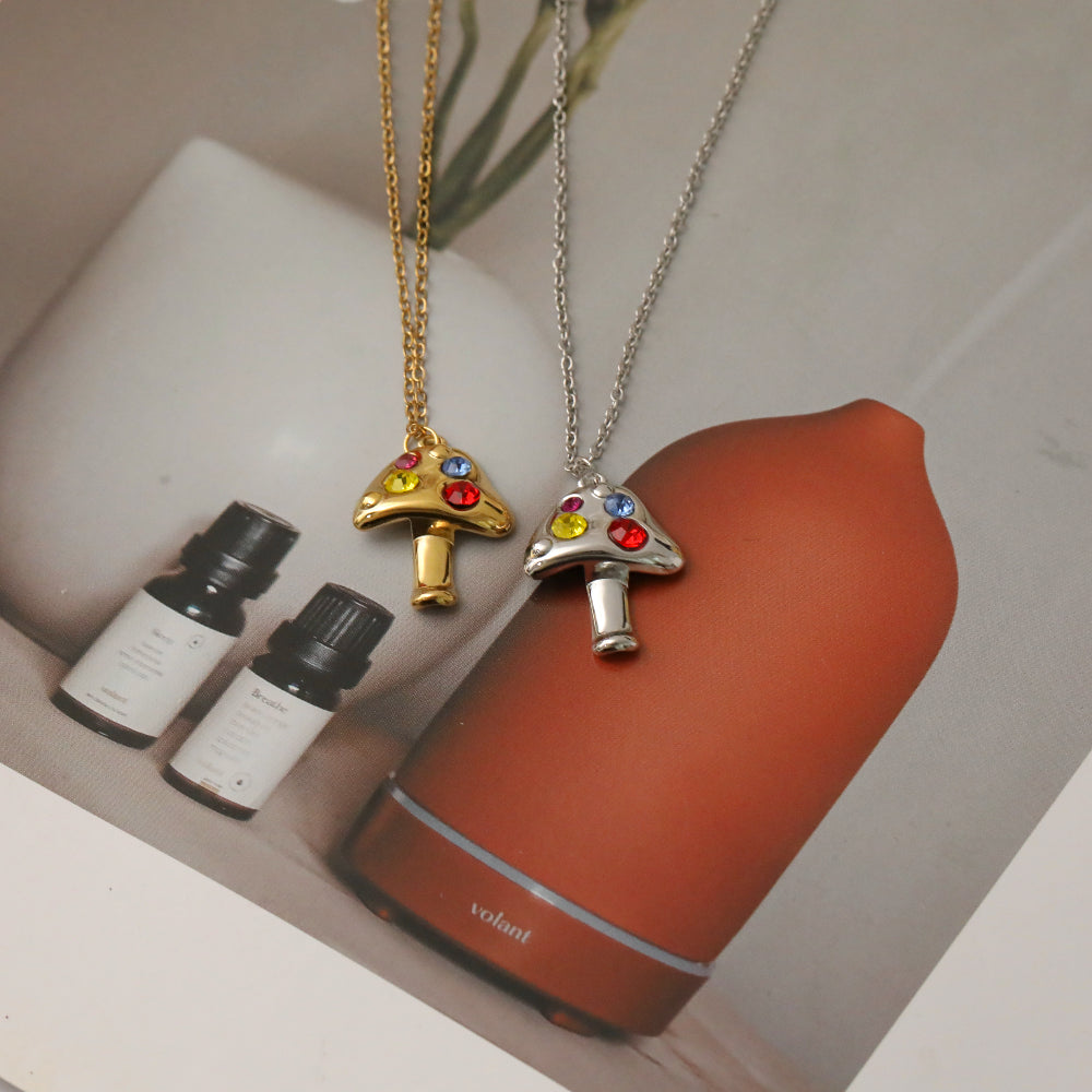 Sweet Mushroom Necklace For Women In 304 Stainless Steel With 18K Real Gold Plated And Zircon Inlay On Cable Chain