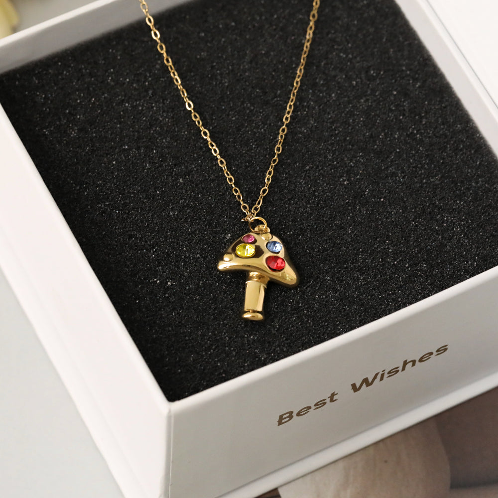 Sweet Mushroom Necklace For Women In 304 Stainless Steel With 18K Real Gold Plated And Zircon Inlay On Cable Chain
