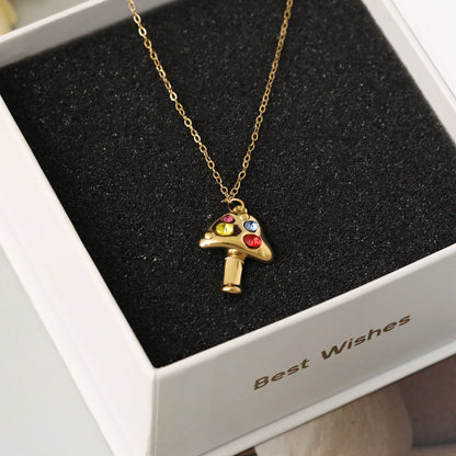 Sweet Mushroom Necklace For Women In 304 Stainless Steel With 18K Real Gold Plated And Zircon Inlay On Cable Chain