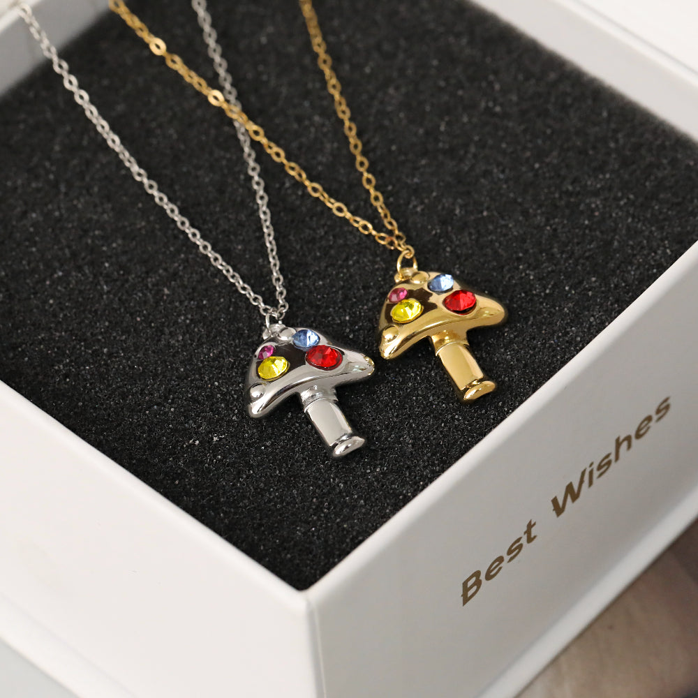 Sweet Mushroom Necklace For Women In 304 Stainless Steel With 18K Real Gold Plated And Zircon Inlay On Cable Chain