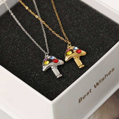Sweet Mushroom Necklace For Women In 304 Stainless Steel With 18K Real Gold Plated And Zircon Inlay On Cable Chain