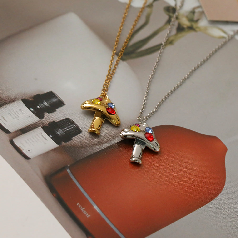Sweet Mushroom Necklace For Women In 304 Stainless Steel With 18K Real Gold Plated And Zircon Inlay On Cable Chain