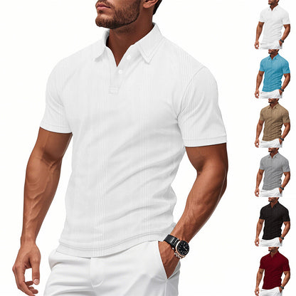 Solid Color Men's Polo Shirt With Short Sleeve, Lapel Collar, Regular Fit, And Polyester Fabric