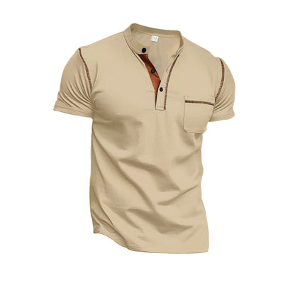 Solid Color Short Sleeve Elastane T-shirt For Men With Standing Collar In Skinny Fit
