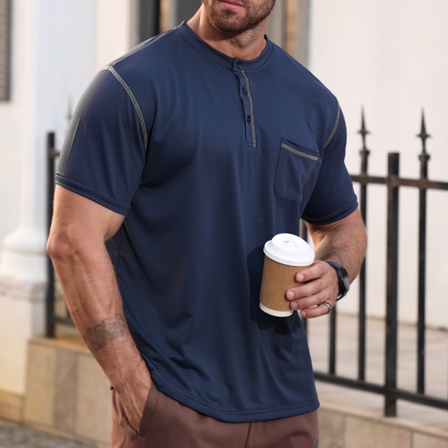 Solid Color Short Sleeve Elastane T-shirt For Men With Standing Collar In Skinny Fit