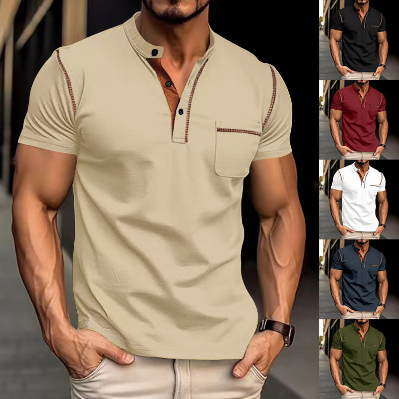 Solid Color Short Sleeve Elastane T-shirt For Men With Standing Collar In Skinny Fit