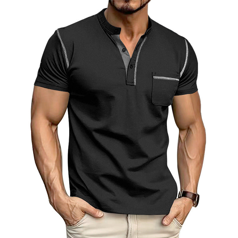 Solid Color Short Sleeve Elastane T-shirt For Men With Standing Collar In Skinny Fit