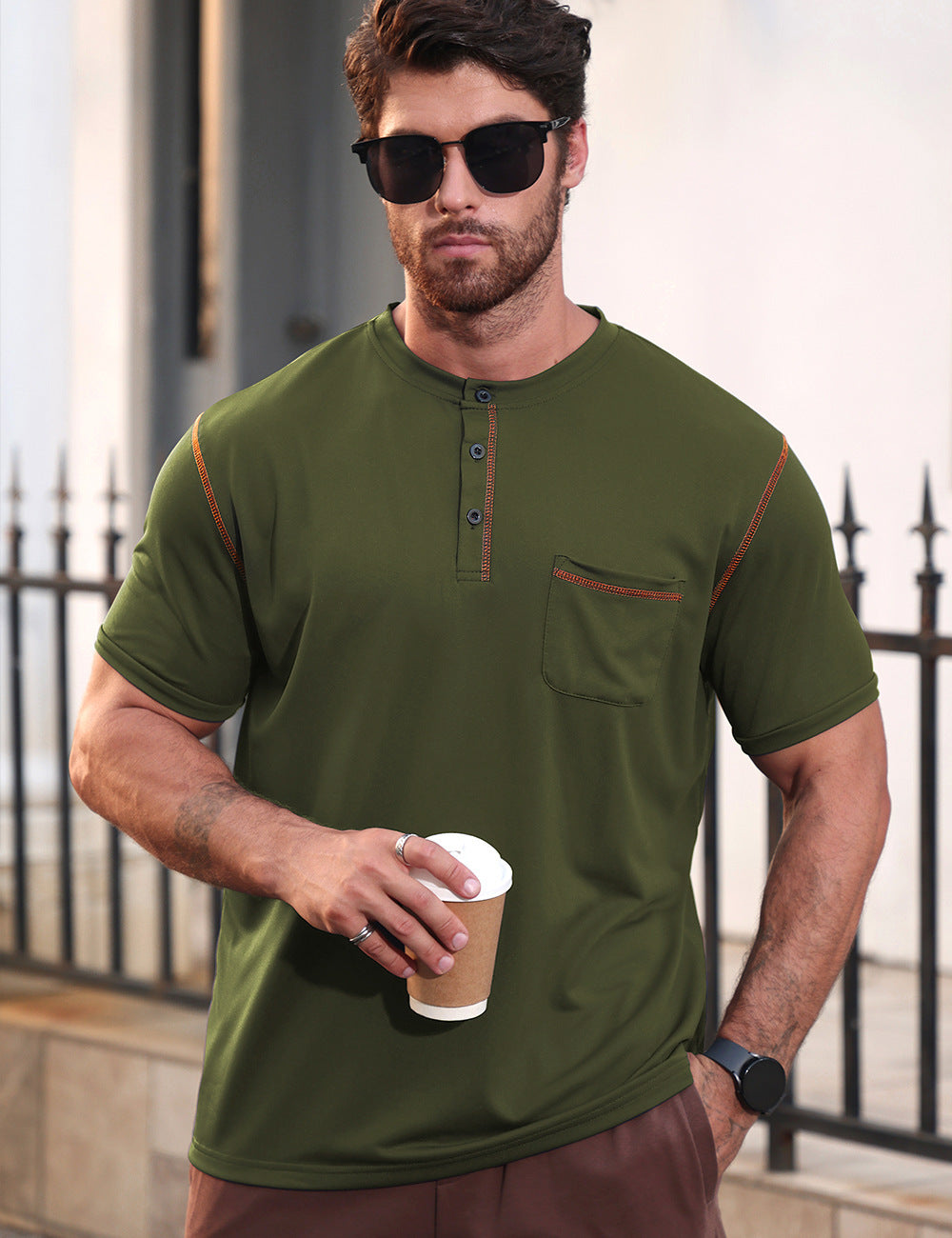 Solid Color Short Sleeve Elastane T-shirt For Men With Standing Collar In Skinny Fit