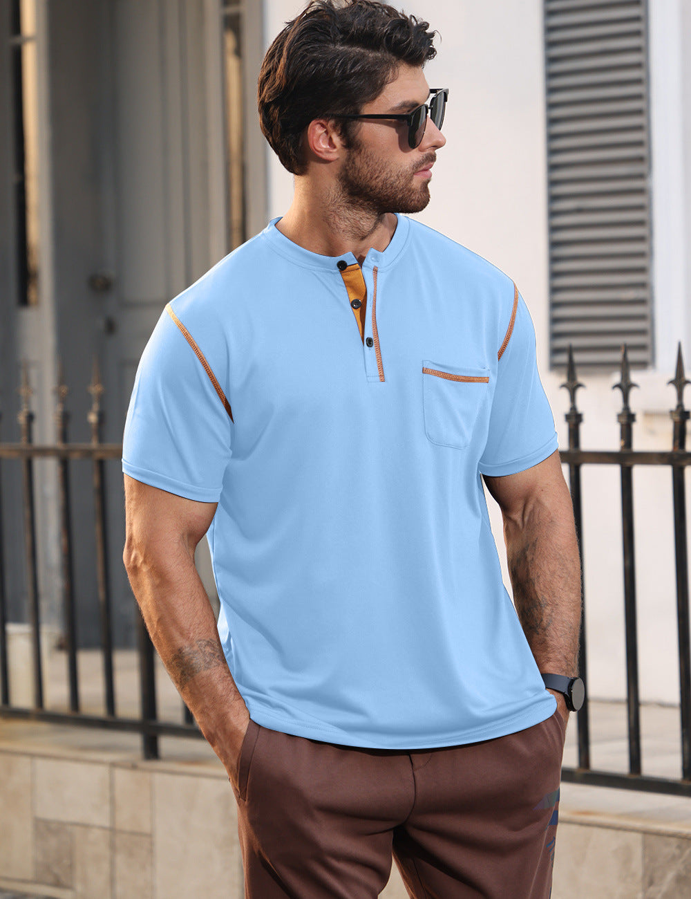 Solid Color Short Sleeve Elastane T-shirt For Men With Standing Collar In Skinny Fit