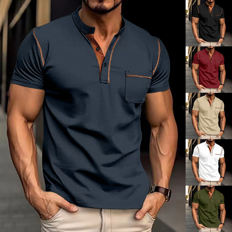 Solid Color Short Sleeve Elastane T-shirt For Men With Standing Collar In Skinny Fit