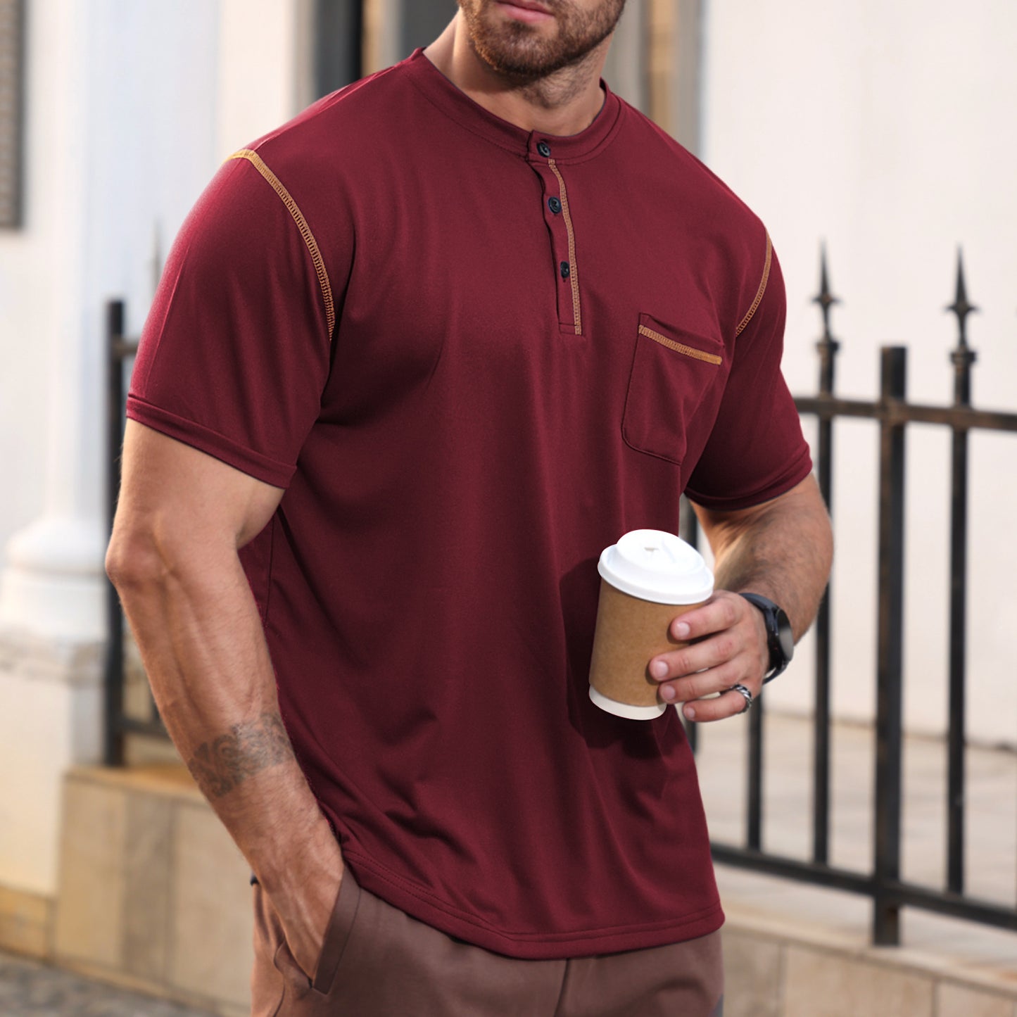 Solid Color Short Sleeve Elastane T-shirt For Men With Standing Collar In Skinny Fit