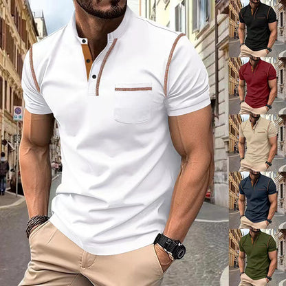 Solid Color Short Sleeve Elastane T-shirt For Men With Standing Collar In Skinny Fit