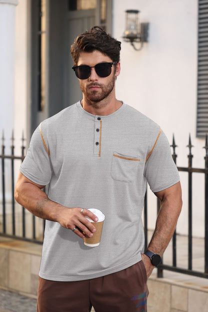 Solid Color Short Sleeve Elastane T-shirt For Men With Standing Collar In Skinny Fit