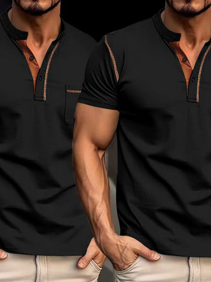 Solid Color Short Sleeve Elastane T-shirt For Men With Standing Collar In Skinny Fit