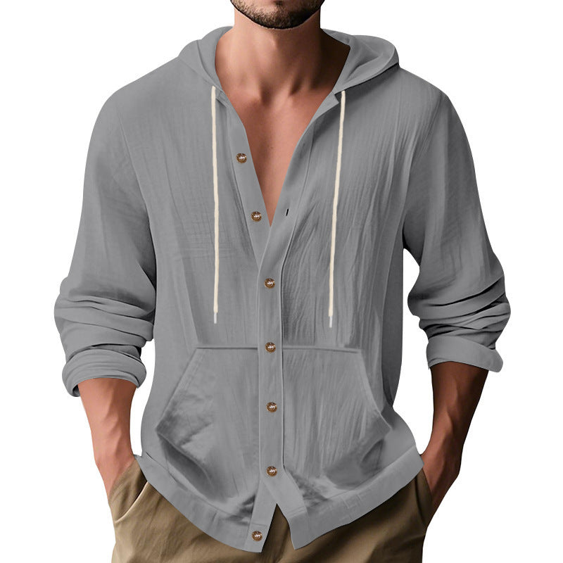 Solid Color Linen Long Sleeve Blouse For Men With Hooded Pullover Design