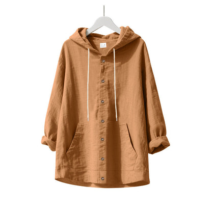 Solid Color Linen Long Sleeve Blouse For Men With Hooded Pullover Design