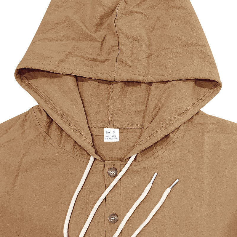 Solid Color Linen Long Sleeve Blouse For Men With Hooded Pullover Design