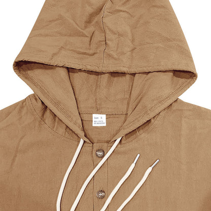 Solid Color Linen Long Sleeve Blouse For Men With Hooded Pullover Design