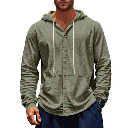 Solid Color Linen Long Sleeve Blouse For Men With Hooded Pullover Design
