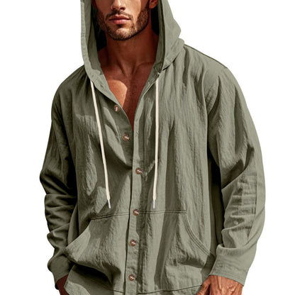 Solid Color Linen Long Sleeve Blouse For Men With Hooded Pullover Design