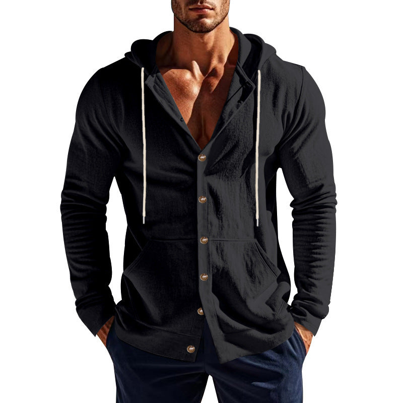 Solid Color Linen Long Sleeve Blouse For Men With Hooded Pullover Design