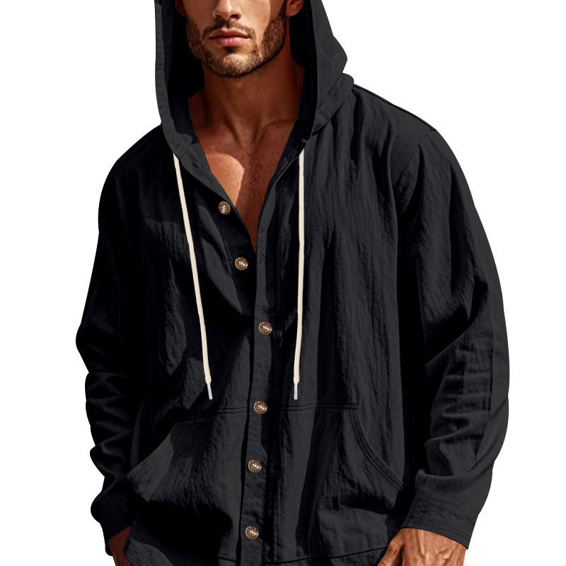 Solid Color Linen Long Sleeve Blouse For Men With Hooded Pullover Design