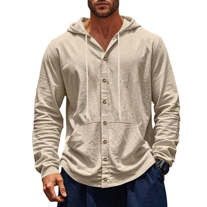 Solid Color Linen Long Sleeve Blouse For Men With Hooded Pullover Design