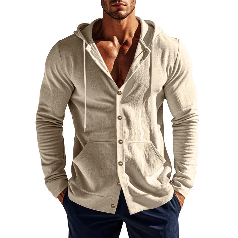 Solid Color Linen Long Sleeve Blouse For Men With Hooded Pullover Design