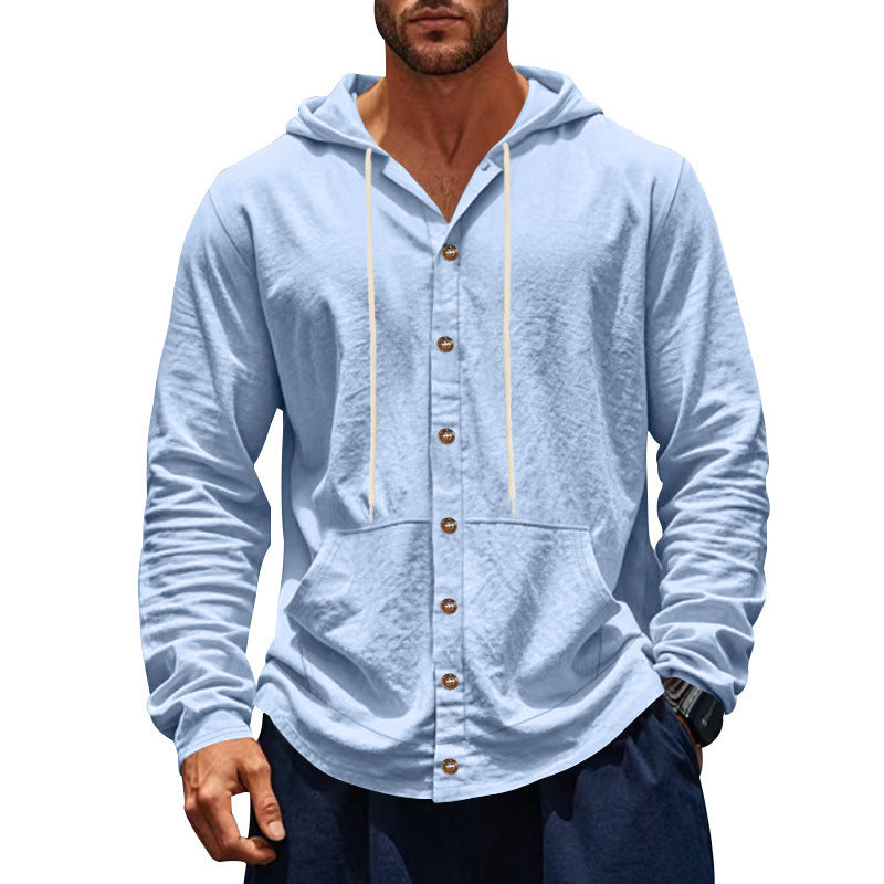 Solid Color Linen Long Sleeve Blouse For Men With Hooded Pullover Design
