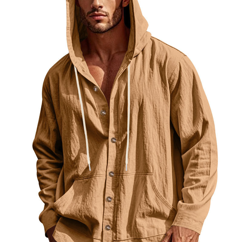 Solid Color Linen Long Sleeve Blouse For Men With Hooded Pullover Design