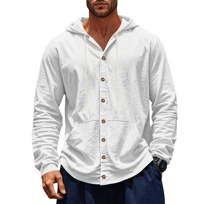 Solid Color Linen Long Sleeve Blouse For Men With Hooded Pullover Design