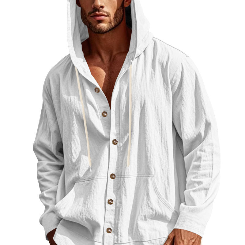 Solid Color Linen Long Sleeve Blouse For Men With Hooded Pullover Design