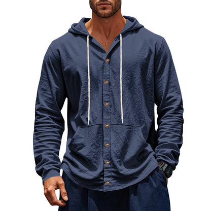 Solid Color Linen Long Sleeve Blouse For Men With Hooded Pullover Design