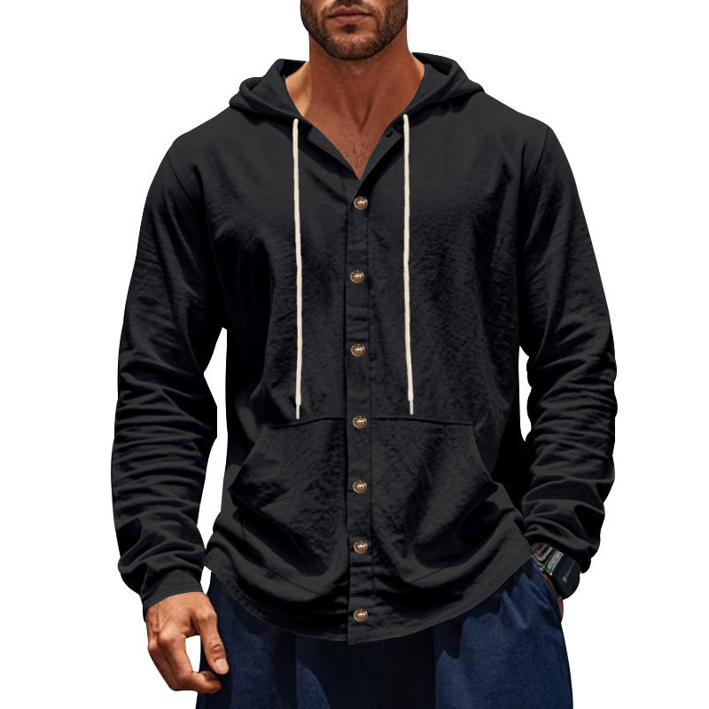 Solid Color Linen Long Sleeve Blouse For Men With Hooded Pullover Design