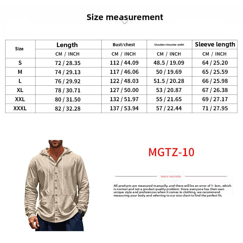 Solid Color Linen Long Sleeve Blouse For Men With Hooded Pullover Design