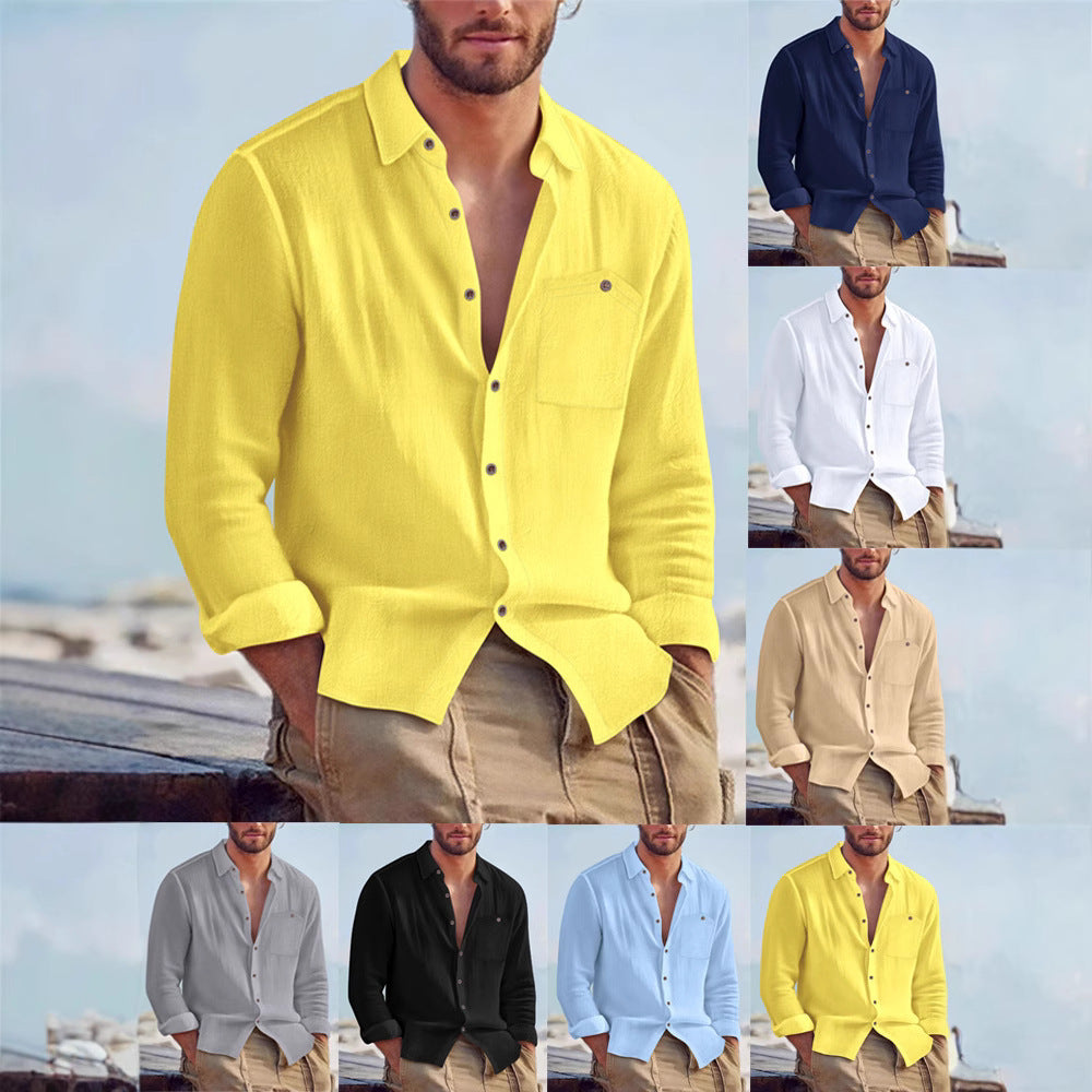 Solid Color Linen Long Sleeve Casual Blouse For Men With Hooded Design