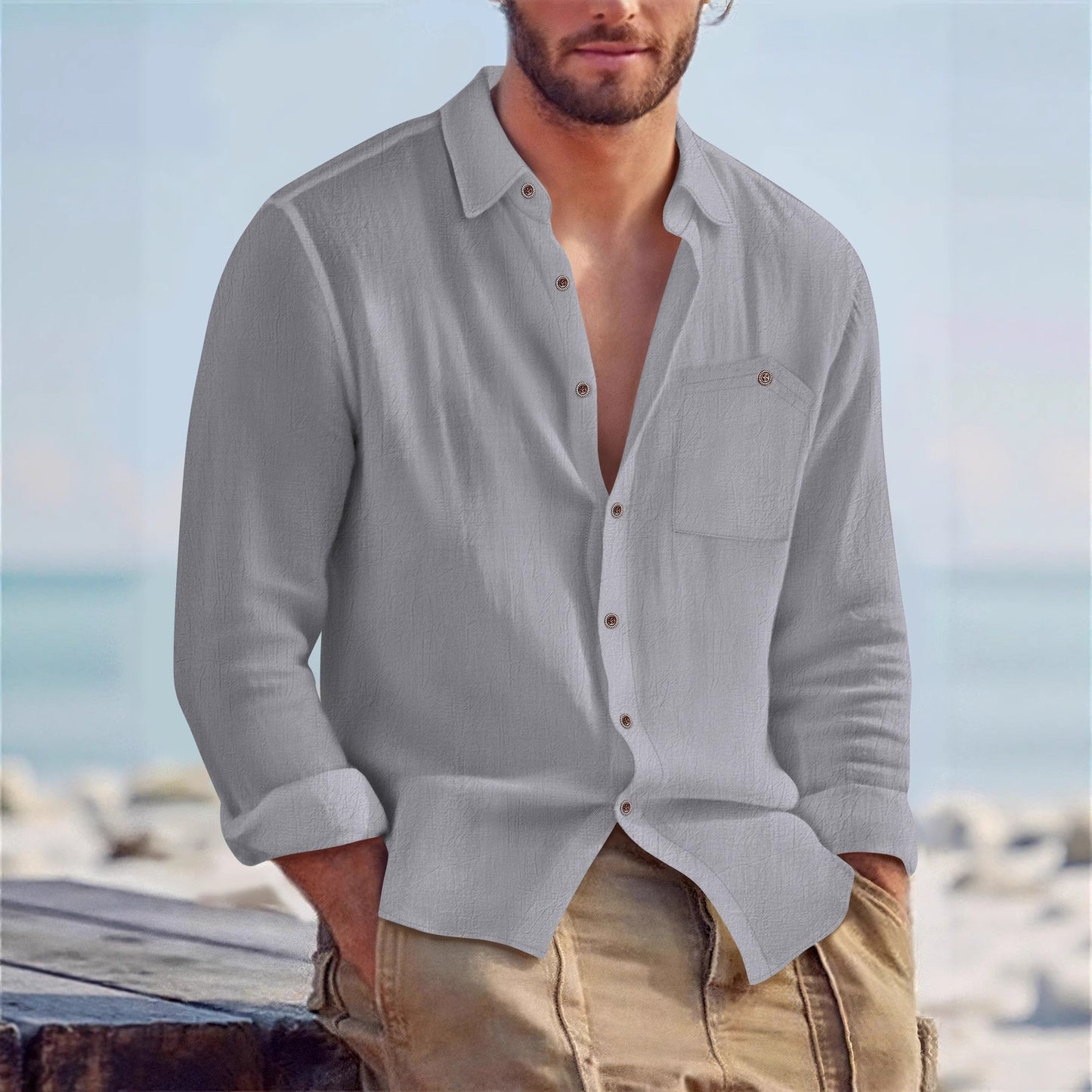 Solid Color Linen Long Sleeve Casual Blouse For Men With Hooded Design