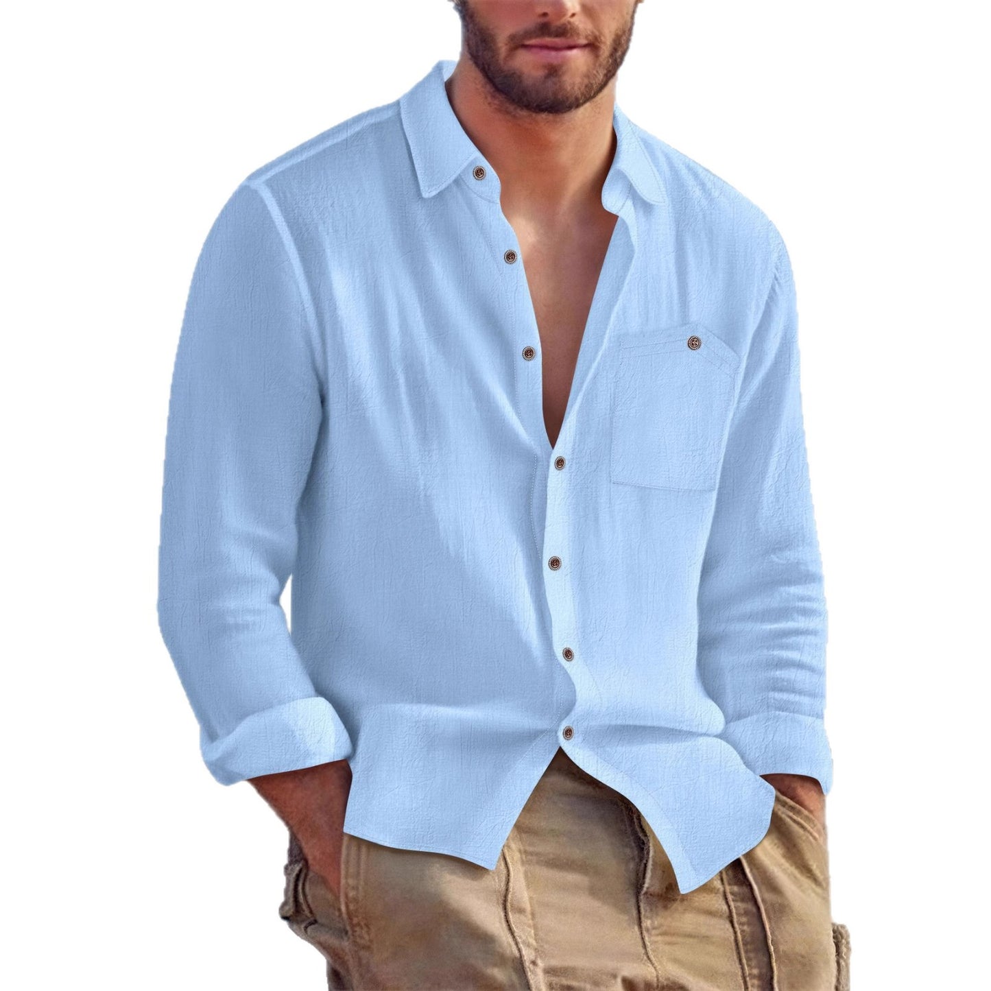 Solid Color Linen Long Sleeve Casual Blouse For Men With Hooded Design