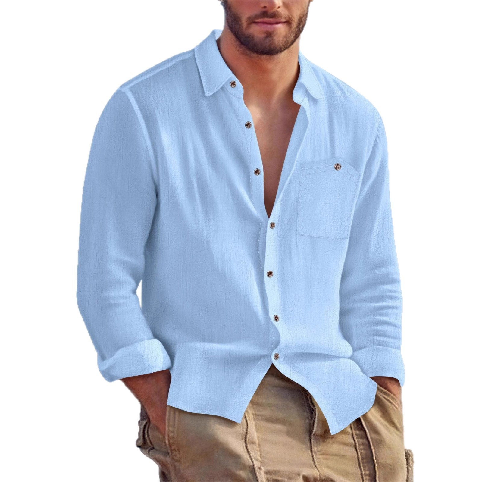 Solid Color Linen Long Sleeve Casual Blouse For Men With Hooded Design