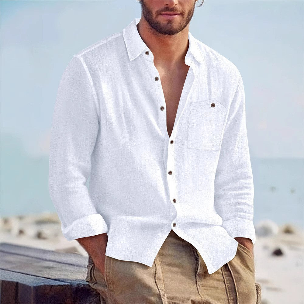Solid Color Linen Long Sleeve Casual Blouse For Men With Hooded Design