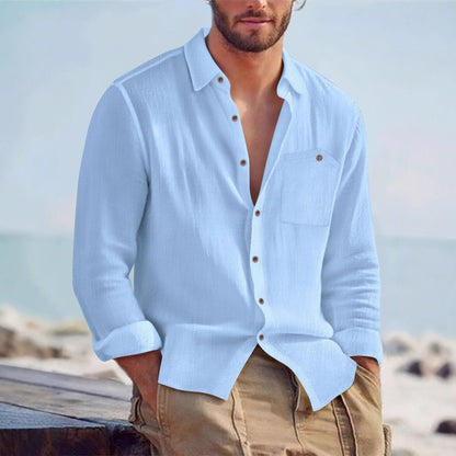 Solid Color Linen Long Sleeve Casual Blouse For Men With Hooded Design