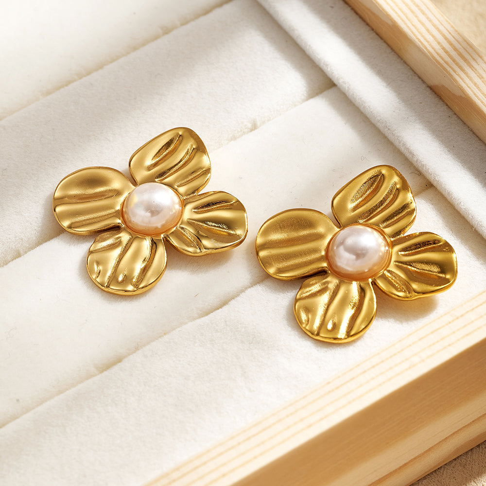 Casual For Women 304 Stainless Steel Stud Earrings With Golden Plated Finish And Acrylic Imitation Pearl Inlay