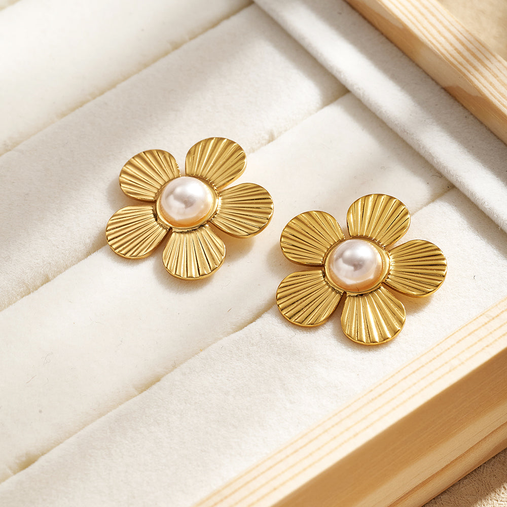 Casual For Women 304 Stainless Steel Stud Earrings With Golden Plated Finish And Acrylic Imitation Pearl Inlay