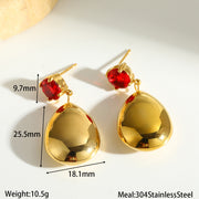 Flat Water Drop Gold Red Earrings