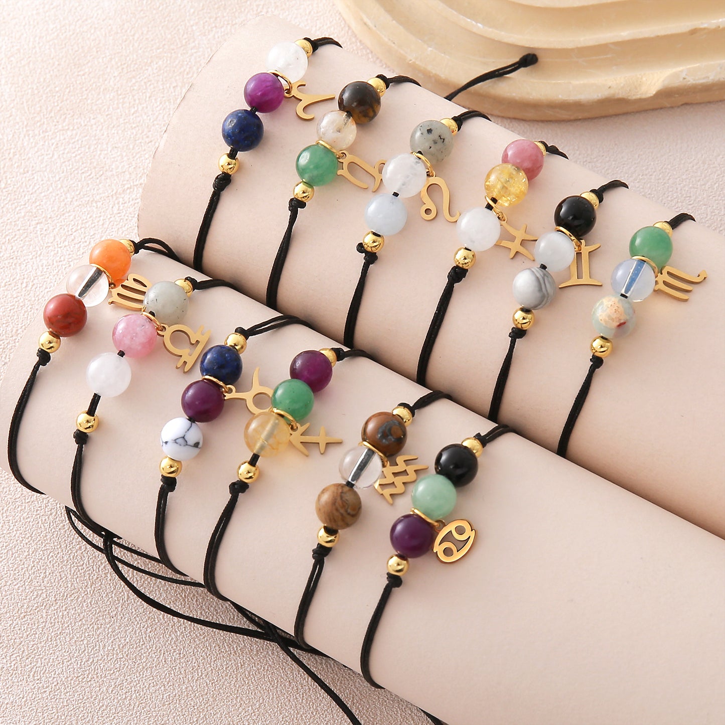 Unisex Drawstring Bracelets With Constellation Pattern, 18K Gold Plated Coating, Natural Stone Beaded Chain